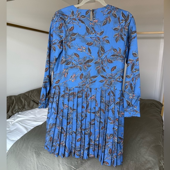 Blue Floral Long Sleeve Pleated Dress Womens S Coquette Girl Tennis Academia Y2K - Picture 2 of 8
